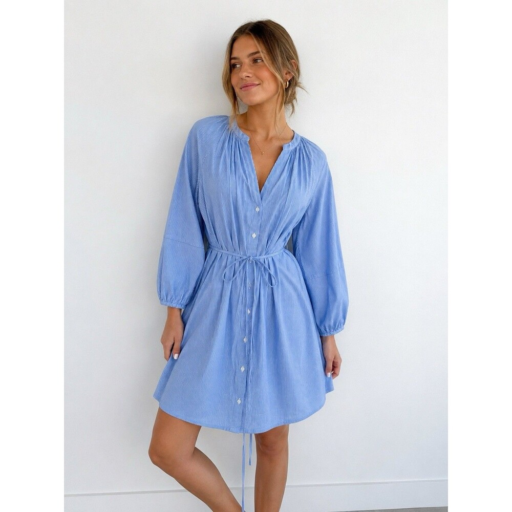 A New Day Medium Blue Pinstripe Shirt Dress Tie Waist Puff Sleeve Coastal